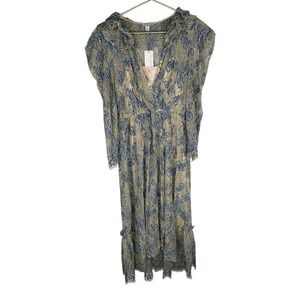 Current Air Blue Ivory Lace Ruffle Lined Long Sleeve Small Wrap Maxi Dress